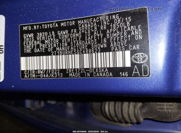 2T1BURHE5GC488623 2016 TOYOTA COROLLA Blue Widok komory silnika