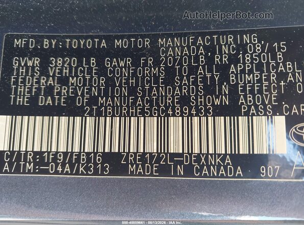 2T1BURHE5GC489433 2016 TOYOTA COROLLA Gray Widok komory silnika