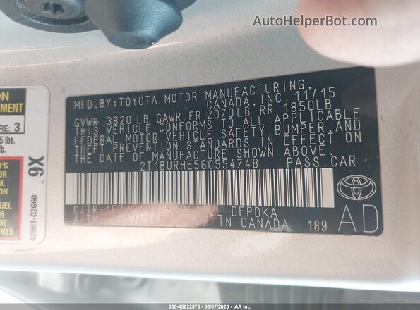 2T1BURHE5GC554748 2016 TOYOTA COROLLA Silver ძრავის განყოფილების ხედი