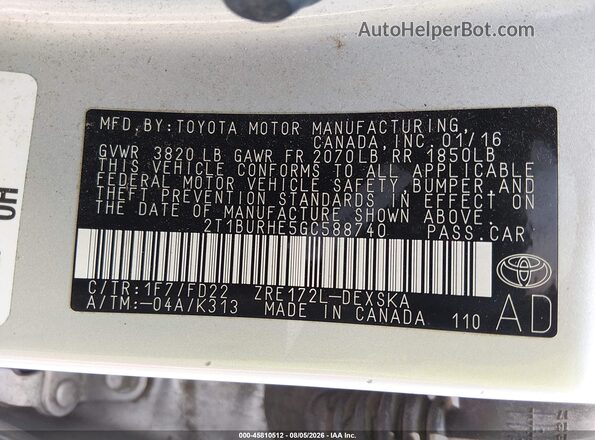 2T1BURHE5GC588740 2016 TOYOTA COROLLA Silver Շարժիչի բաժամունքի տեսք