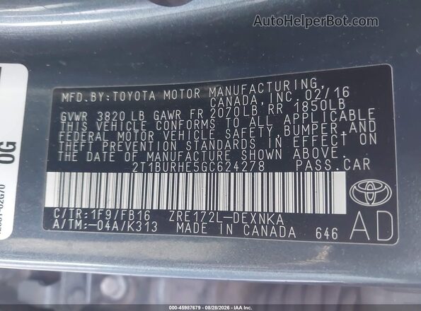 2T1BURHE5GC624278 2016 TOYOTA COROLLA Blue Widok komory silnika