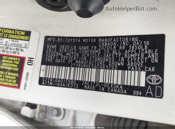 2T1BURHE5GC661752 2016 TOYOTA COROLLA White ძრავის განყოფილების ხედი