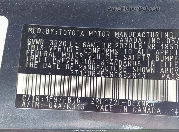 2T1BURHE5GC682813 2016 TOYOTA COROLLA Gray Vista del compartimento del motor