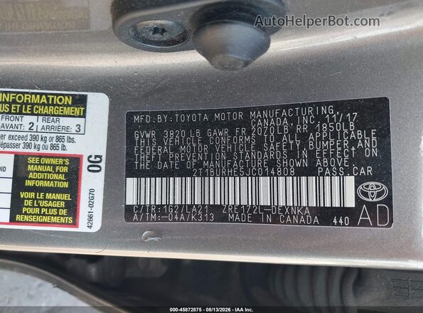 2T1BURHE5JC014808 2018 TOYOTA COROLLA Серый Вид подкапотного пространства