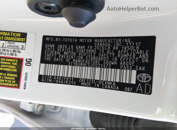 2T1BURHE5JC022472 2018 TOYOTA COROLLA White Vista del compartimento del motor