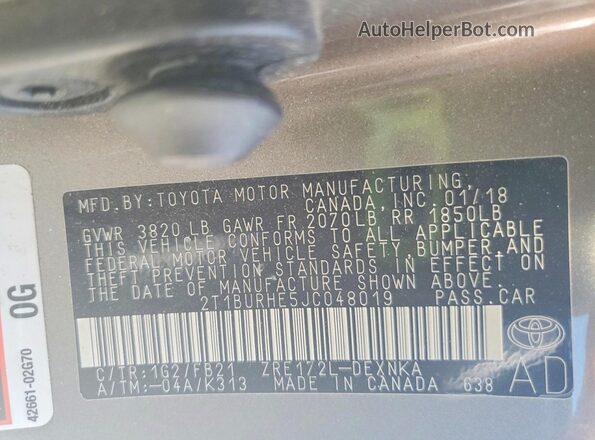 2T1BURHE5JC048019 2018 TOYOTA COROLLA Серый Вид подкапотного пространства