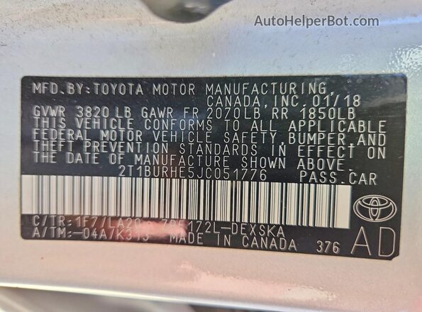 2T1BURHE5JC051776 2018 TOYOTA COROLLA Silver VIN կոդի պիտակի տեսք