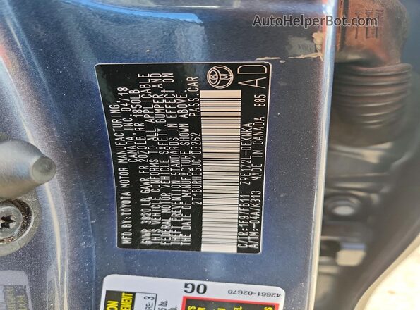 2T1BURHE5JC103262 2018 TOYOTA COROLLA Gray ძრავის განყოფილების ხედი