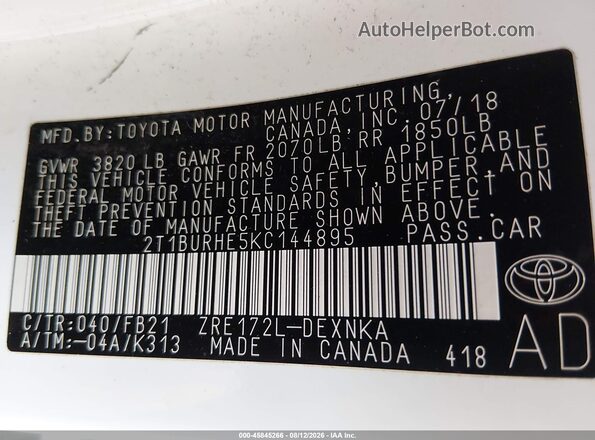 2T1BURHE5KC144895 2019 TOYOTA COROLLA White ძრავის განყოფილების ხედი