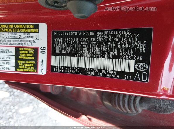 2T1BURHE5KC151698 2019 TOYOTA COROLLA Red Vista del compartimento del motor