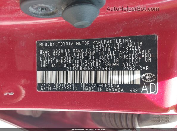 2T1BURHE5KC175967 2019 TOYOTA COROLLA Красный Вид подкапотного пространства