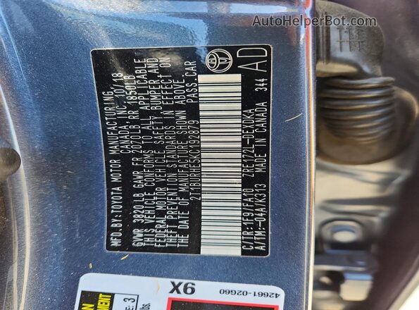 2T1BURHE5KC192879 2019 TOYOTA COROLLA Gray ძრავის განყოფილების ხედი