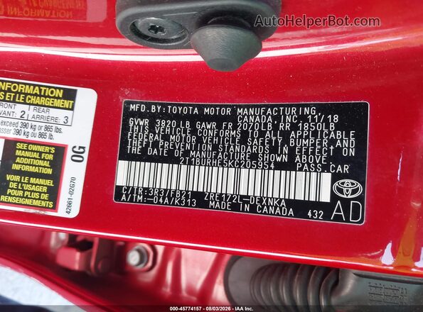 2T1BURHE5KC205954 2019 TOYOTA COROLLA Red Vista del compartimento del motor