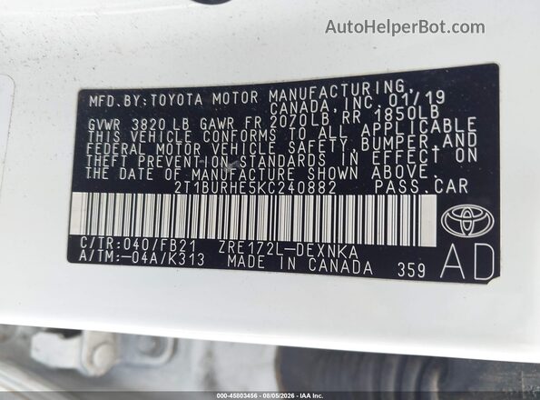 2T1BURHE5KC240882 2019 TOYOTA COROLLA White Вид підкапотного простору