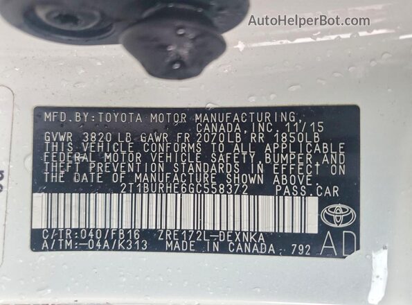 2T1BURHE6GC558372 2016 TOYOTA COROLLA White Widok komory silnika