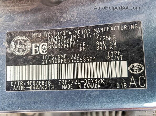 2T1BURHE6GC558601 2016 TOYOTA COROLLA Gray Vista del compartimento del motor