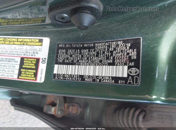 2T1BURHE6GC635225 2016 TOYOTA COROLLA Зеленый Вид подкапотного пространства