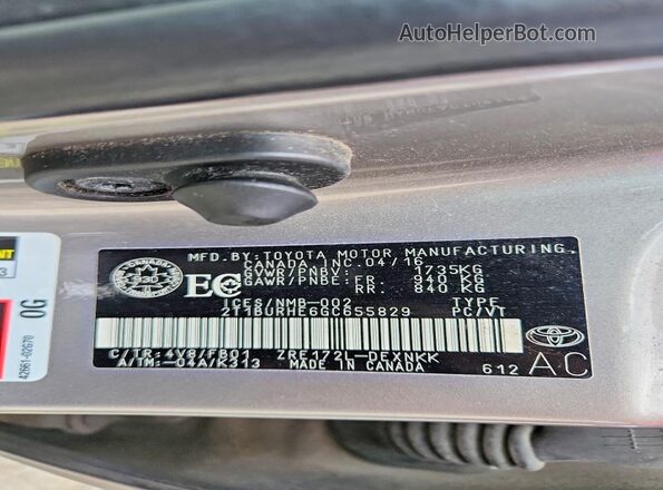 2T1BURHE6GC655829 2016 TOYOTA COROLLA Silver VIN կոդի պիտակի տեսք
