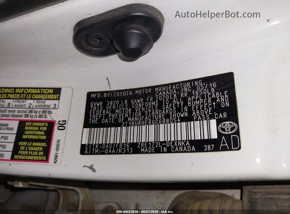 2T1BURHE6GC688054 2016 TOYOTA COROLLA White Widok komory silnika