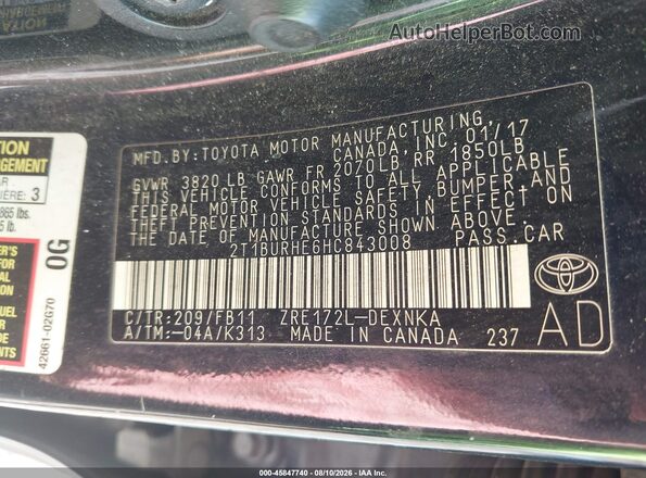 2T1BURHE6HC843008 2017 TOYOTA COROLLA Black ძრავის განყოფილების ხედი