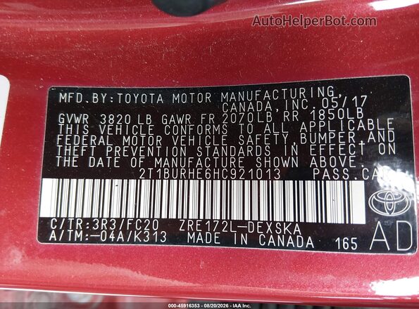 2T1BURHE6HC921013 2017 TOYOTA COROLLA Red Շարժիչի բաժամունքի տեսք