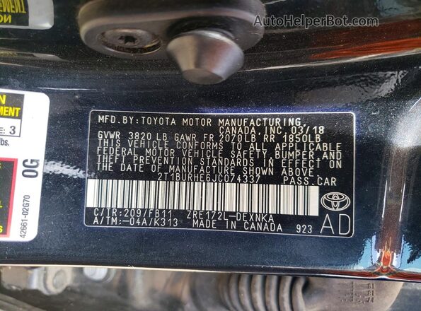 2T1BURHE6JC074337 2018 TOYOTA COROLLA Black VIN կոդի պիտակի տեսք