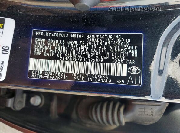 2T1BURHE6JC122936 2018 TOYOTA COROLLA Black Vista del compartimento del motor