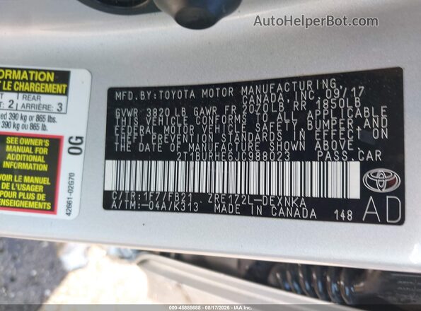 2T1BURHE6JC988023 2018 TOYOTA COROLLA Silver Вид підкапотного простору