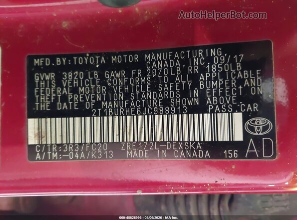 2T1BURHE6JC988913 2018 TOYOTA COROLLA Red Engine compartment view