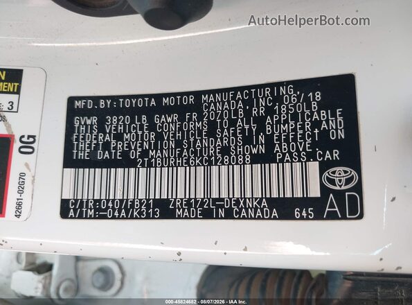 2T1BURHE6KC128088 2019 TOYOTA COROLLA White Engine compartment view
