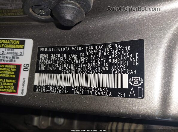 2T1BURHE6KC148728 2019 TOYOTA COROLLA Серый Вид подкапотного пространства