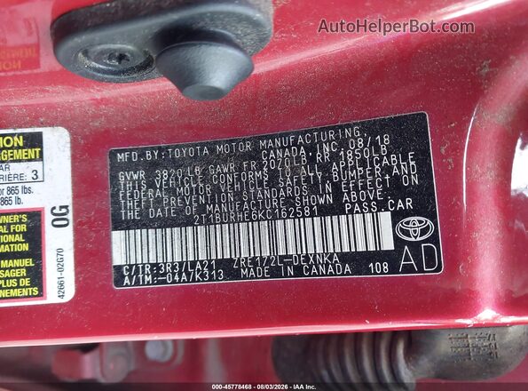 2T1BURHE6KC162581 2019 TOYOTA COROLLA Red Engine compartment view
