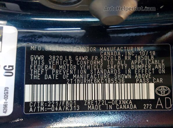 2T1BURHE6KC185536 2019 TOYOTA COROLLA Blue Engine compartment view