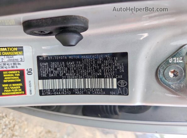 2T1BURHE6KC199601 2019 TOYOTA COROLLA Silver VIN sticker view