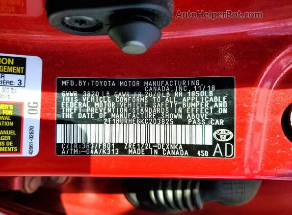 2T1BURHE6KC203825 2019 TOYOTA COROLLA Red Widok naklejki z numerem VIN