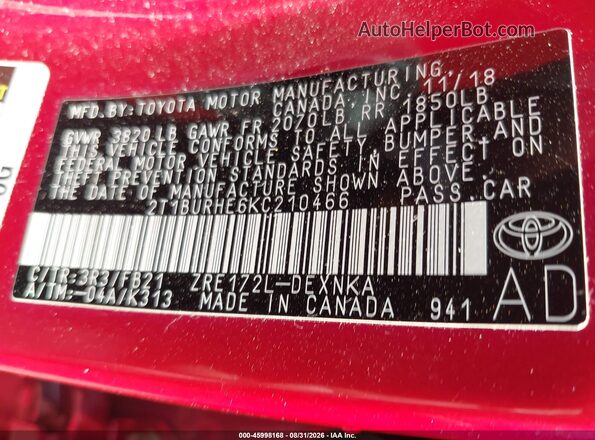 2T1BURHE6KC210466 2019 TOYOTA COROLLA Красный Вид подкапотного пространства
