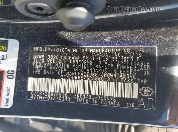 2T1BURHE7GC566013 2016 TOYOTA COROLLA Black VIN კოდის სტიკერის ხედი