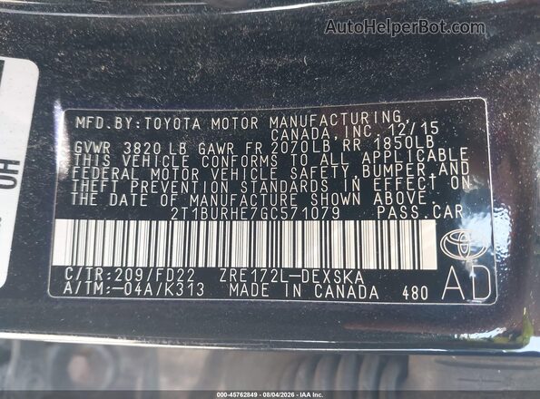 2T1BURHE7GC571079 2016 TOYOTA COROLLA Black Widok komory silnika