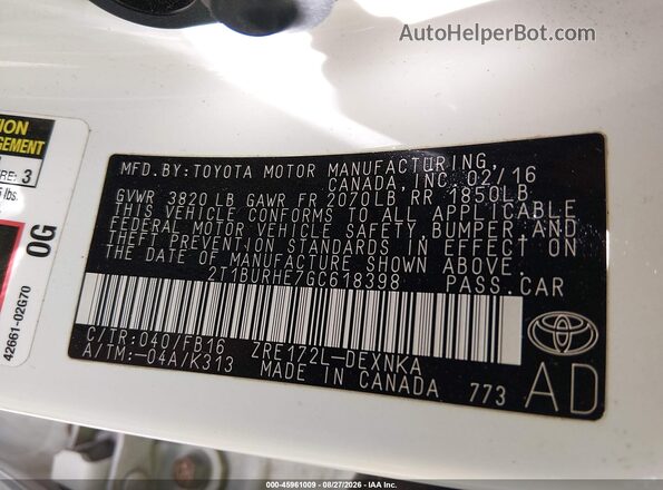 2T1BURHE7GC618398 2016 TOYOTA COROLLA White Engine compartment view