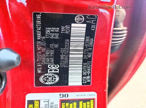 2T1BURHE7GC625058 2016 TOYOTA COROLLA Красный Вид подкапотного пространства