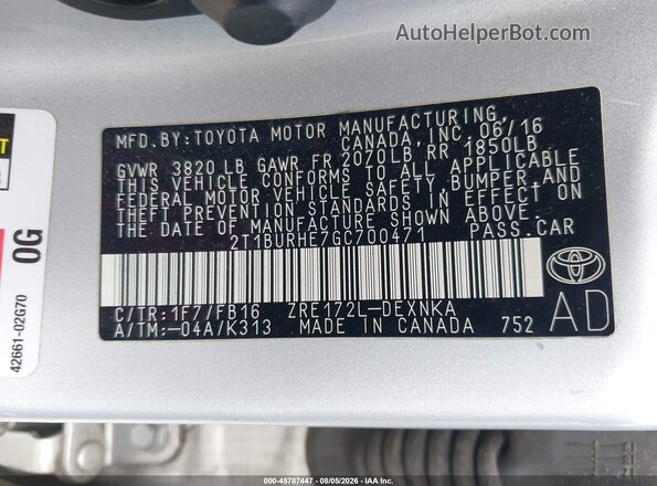 2T1BURHE7GC700471 2016 TOYOTA COROLLA Silver Vista del compartimento del motor
