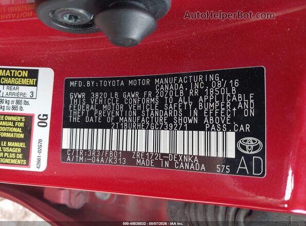 2T1BURHE7GC739271 2016 TOYOTA COROLLA Red Vista del compartimento del motor