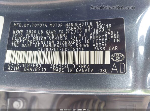 2T1BURHE7HC758114 2017 TOYOTA COROLLA Gray Շարժիչի բաժամունքի տեսք