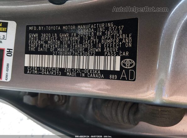 2T1BURHE7HC830672 2017 TOYOTA COROLLA Tan ძრავის განყოფილების ხედი