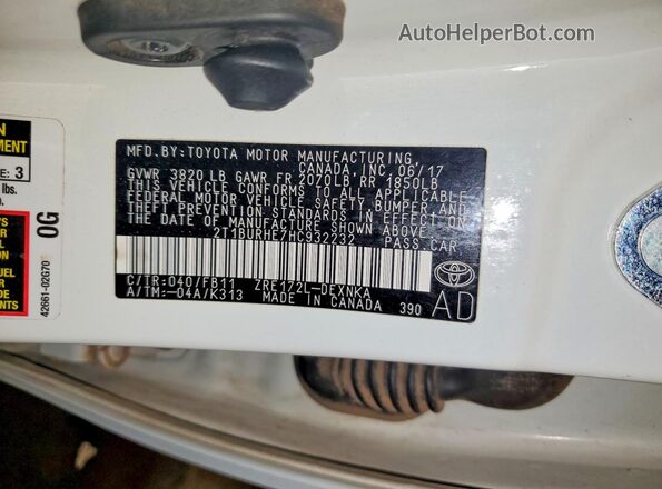 2T1BURHE7HC932232 2017 TOYOTA COROLLA White Vista de la etiqueta del VIN