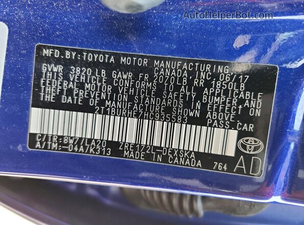 2T1BURHE7HC935583 2017 TOYOTA COROLLA Blue Widok komory silnika