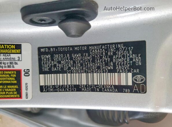2T1BURHE7HC956613 2017 TOYOTA COROLLA Silver VIN კოდის სტიკერის ხედი