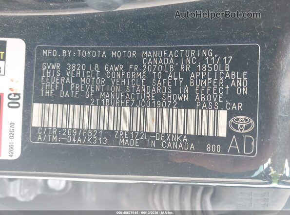 2T1BURHE7JC019072 2018 TOYOTA COROLLA Черный Вид подкапотного пространства