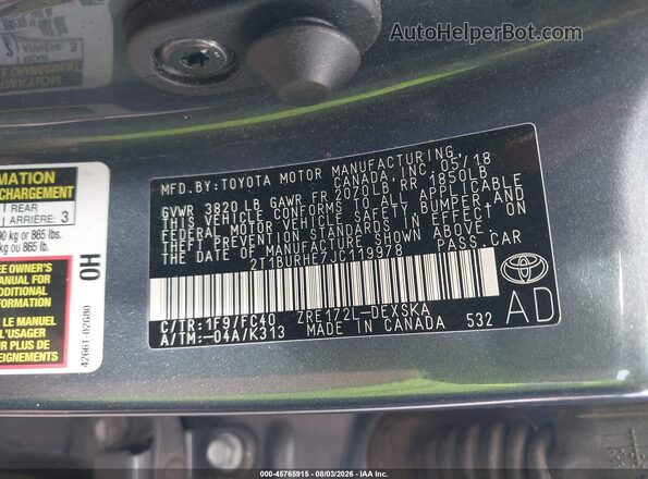 2T1BURHE7JC119978 2018 TOYOTA COROLLA Gray Engine compartment view