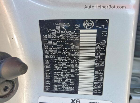 2T1BURHE7JC966550 2018 TOYOTA COROLLA Silver VIN կոդի պիտակի տեսք